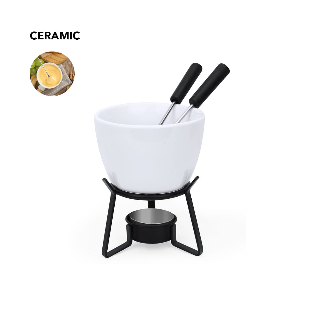 A ceramic fondue set featuring a white bowl, black stand, and two serving forks. Helvet Fondue - Image 1