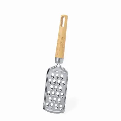 A stainless steel grater with a wooden handle, featuring multiple grating holes and a sleek design. Benuat - Image 1