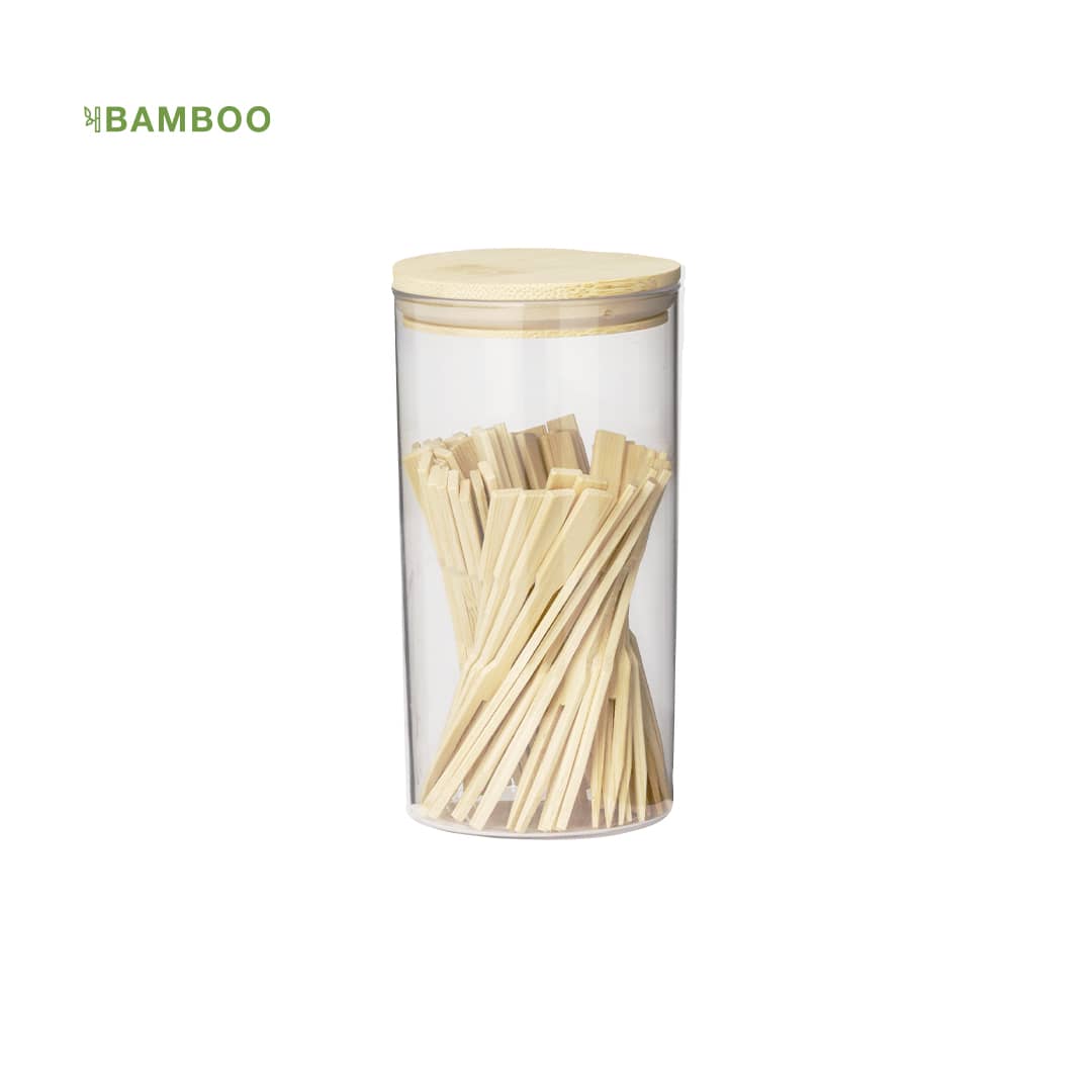 A clear, cylindrical container with a wooden lid, filled with bamboo stirrers. Reng Chopstick Set - Image 1