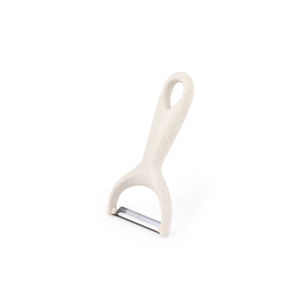A light beige peeler with a rounded handle and a stainless steel blade, featuring a branding logo. Mimbis Peeler - Image 1