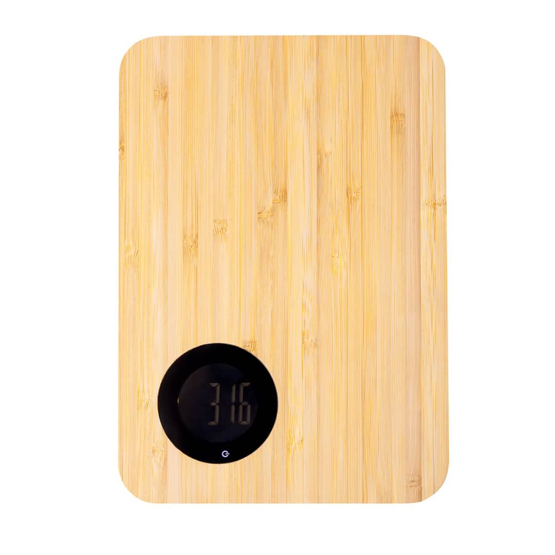 A bamboo cutting board with an integrated digital weighing scale, featuring a black display. Mentina Weighing Scales Kitchen Cutting Board - Image 1