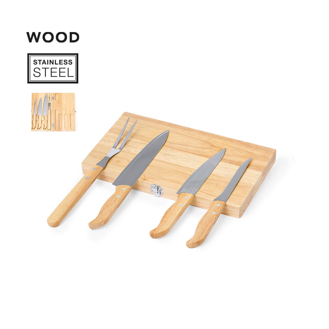 A knife set featuring stainless steel blades and wooden handles, displayed on a wooden board. Bergin Knife Set - Image 1