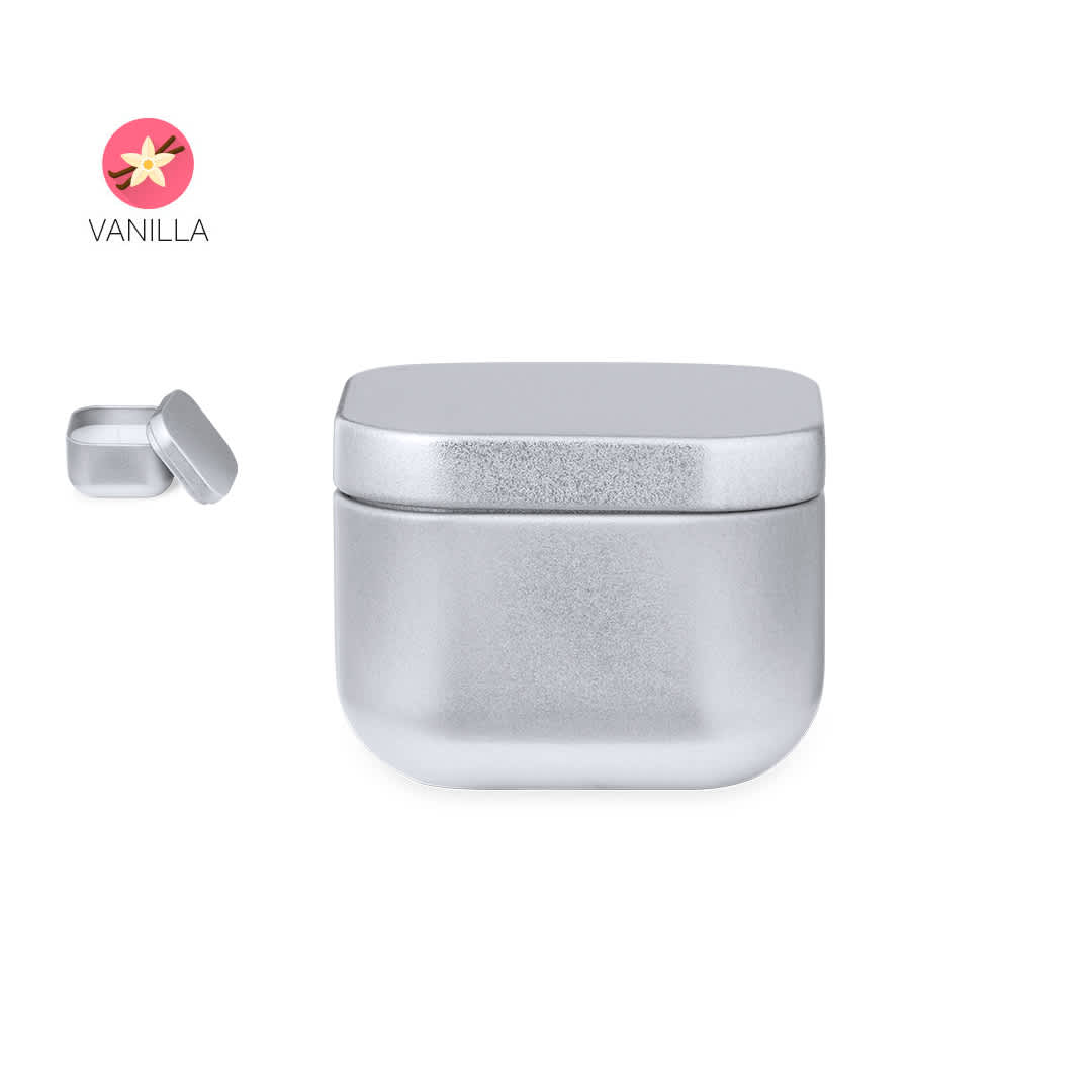 A silver storage container with a square lid, featuring a subtle metallic finish. It has a branding logo. Hetfil Aromatic Candle - Image 1