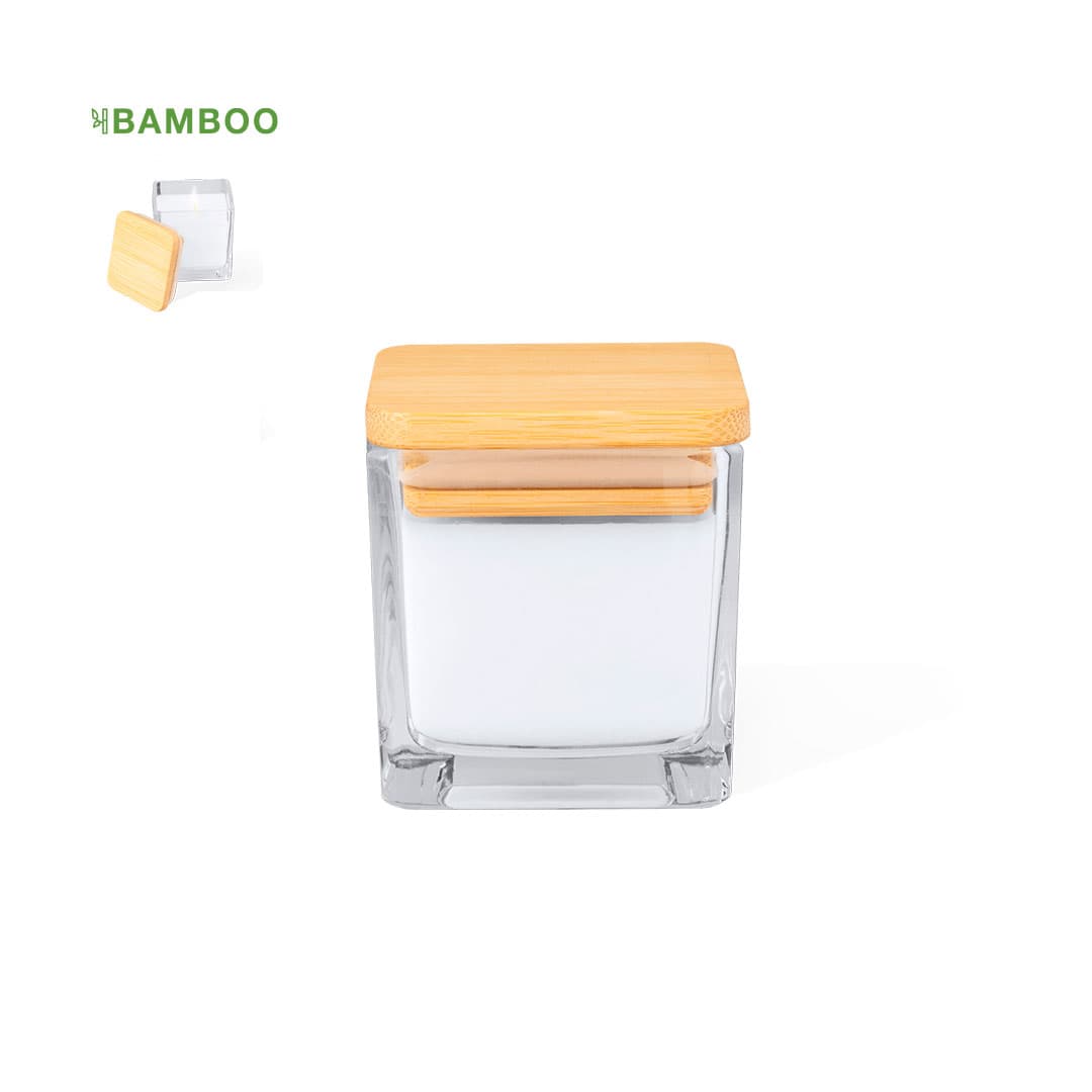 A glass candle with a bamboo lid, featuring a sleek square design and a white wax interior. Safron Aromatic Candle - Image 1