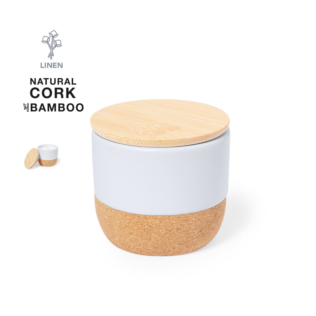 A storage container with a white upper section, natural cork base, and bamboo lid. Features a simple, modern design. Lavolia Aromatic Candle - Image 1