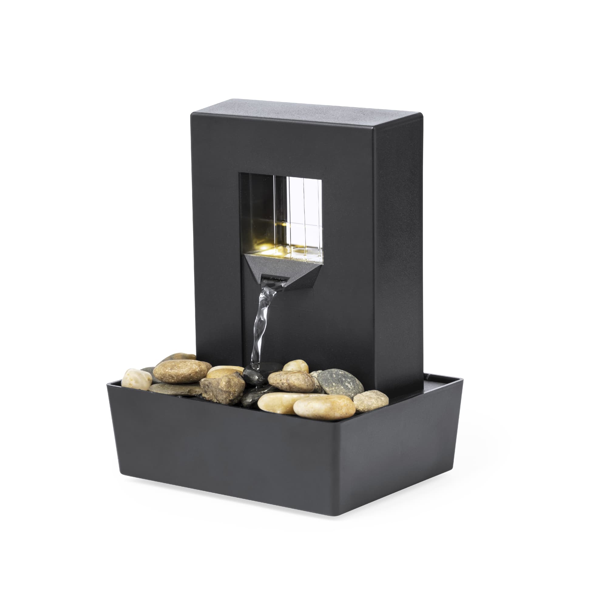 A black indoor water fountain with a square design, featuring flowing water and a bed of smooth pebbles. Huntan Water Fountain - Image 1
