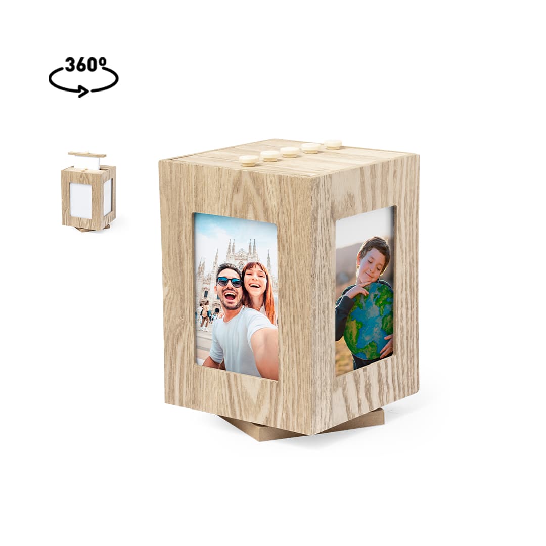 A wooden photo display cube with multiple frames for holding images, featuring a light wood finish. Vesper Photo Frame - Image 1