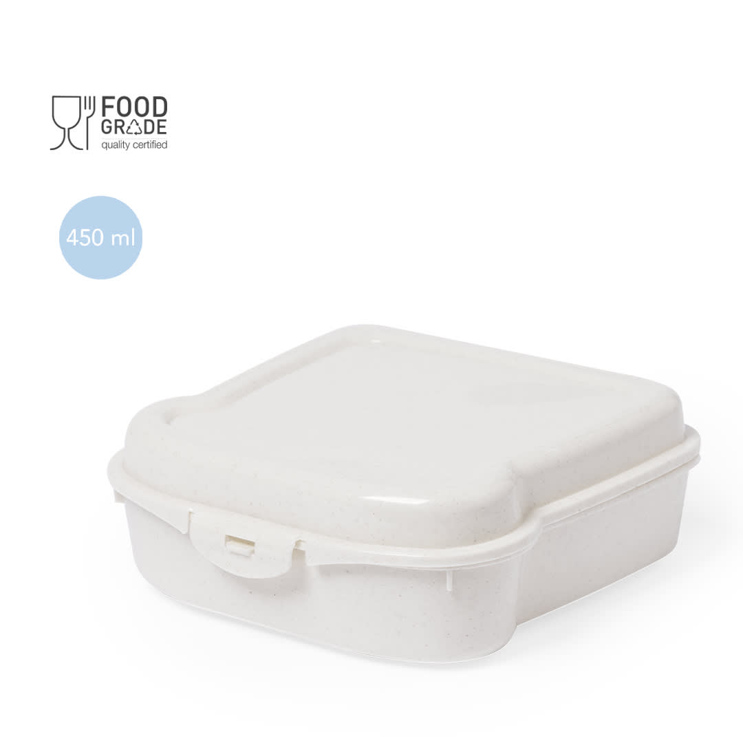 A white, square lunch box with a secure lid and a food-grade certification logo. Holds 450 ml. Tixor Sandwich Lunch Box - Image 1