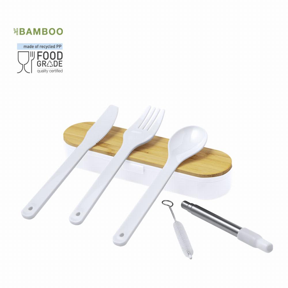 A reusable cutlery set featuring a knife, fork, spoon, and cleaning tool, with a bamboo storage case. Milner - Image 1
