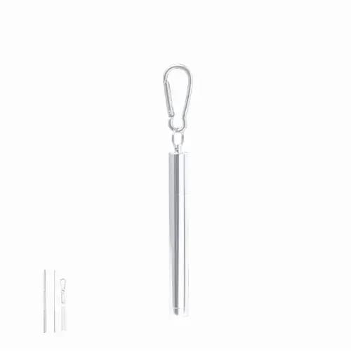 A silver, cylindrical promotional product with a clip for attachment. It features a smooth, shiny surface. Jexor - Image 1