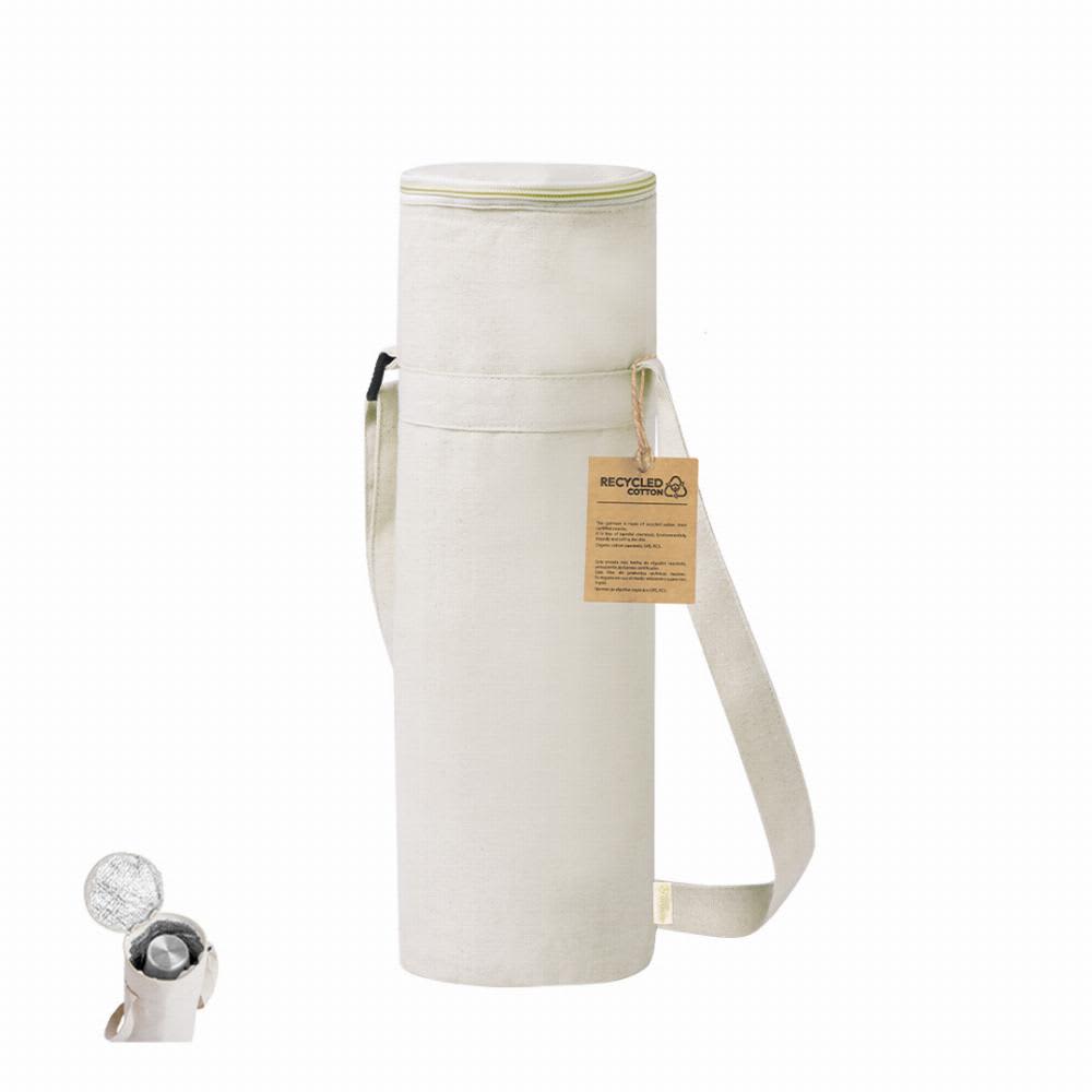 A drink bottle holder in cream with a shoulder strap and a logo, designed for carrying drink bottles. Sirkin - Image 1