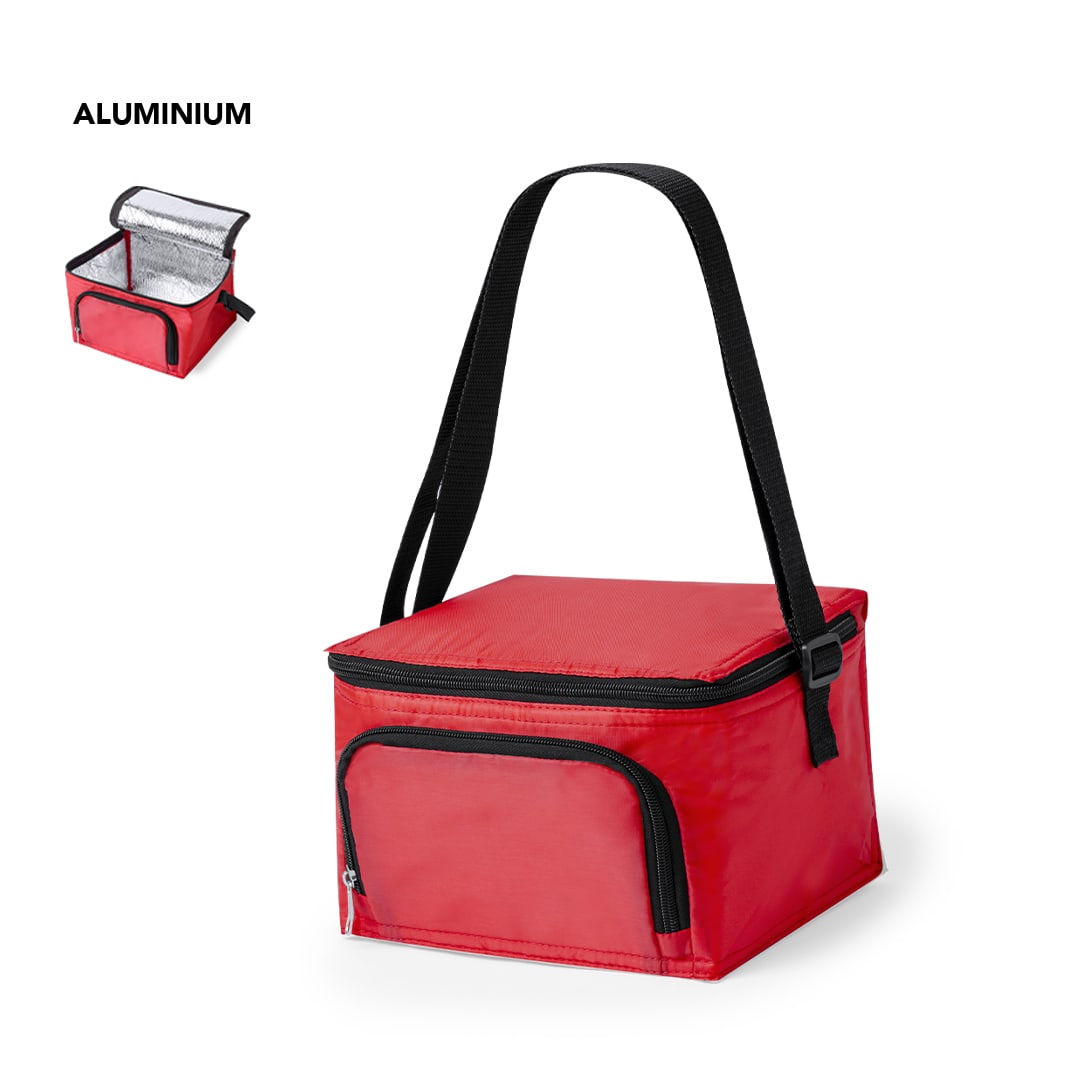 A red cooler bag with a zipper pocket and black straps, featuring an aluminium lining. It has a logo on the front. Radant Cool Bag - Image 1
