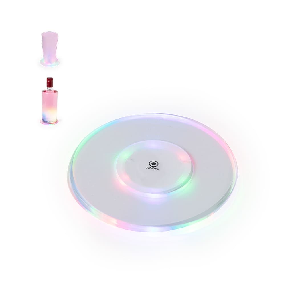 A drink bottle and illuminated display stand, featuring a clear circular design with vibrant rainbow colours. Vitaly Coaster - Image 1