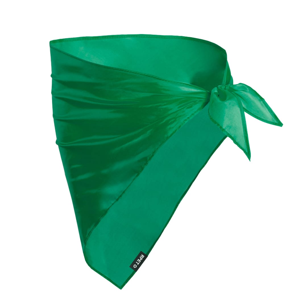 A green satin neckerchief with a tied design, featuring a branding label. Wasat Neckerchief - Image 1