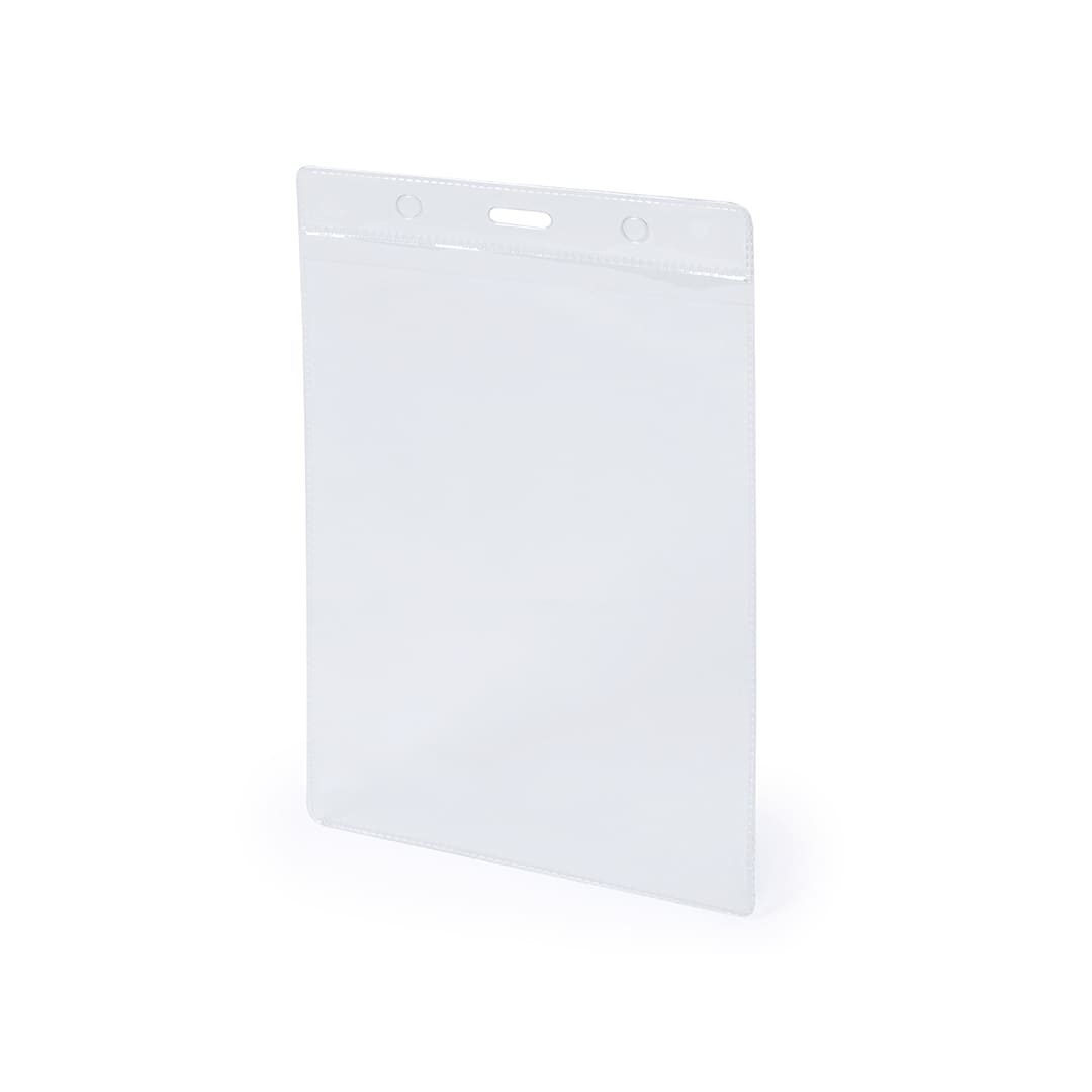 A clear plastic document holder with a top hole for hanging. The holder has a simple, transparent design. Skoll Id Badge - Image 1
