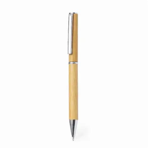 A bamboo pen with a silver clip and accents. It features a sleek, natural finish. Stenson - Image 1