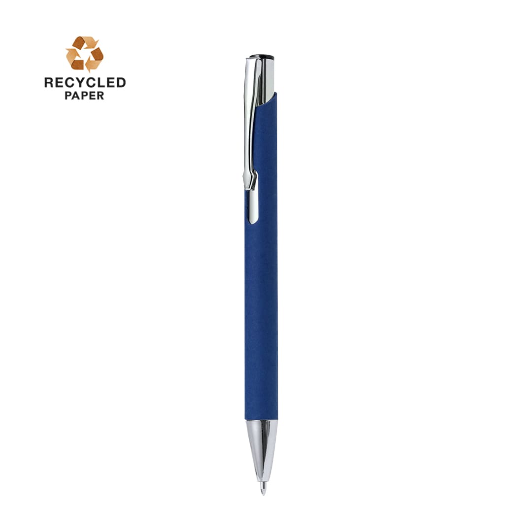 A blue pen with a silver clip and a branding logo, featuring a smooth finish and a recycled paper emphasis. Uzor Pen - Image 1