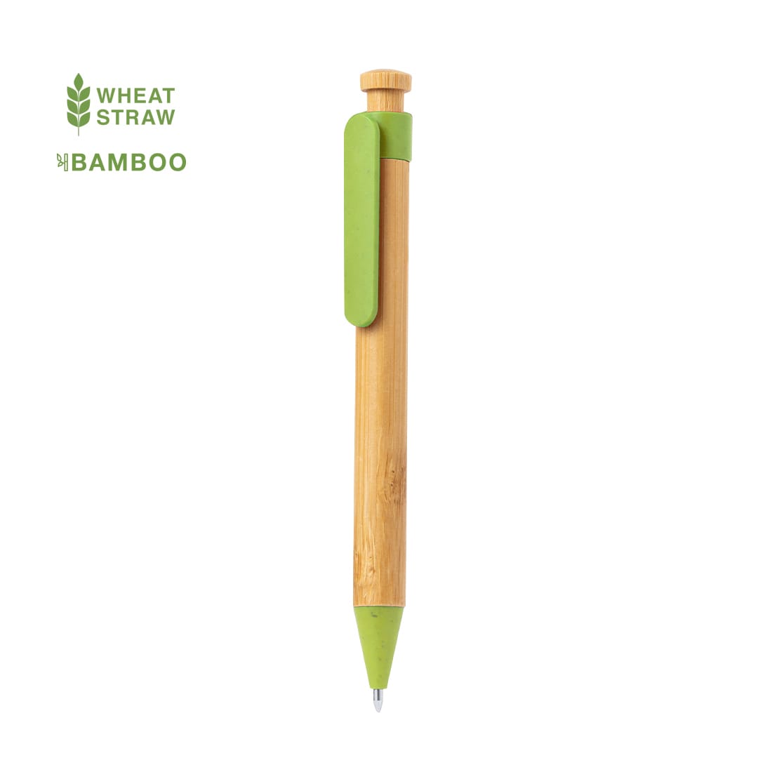 A wooden pen made from bamboo with a green clip and a rounded top. It features a branding logo. Melky Pen - Image 1