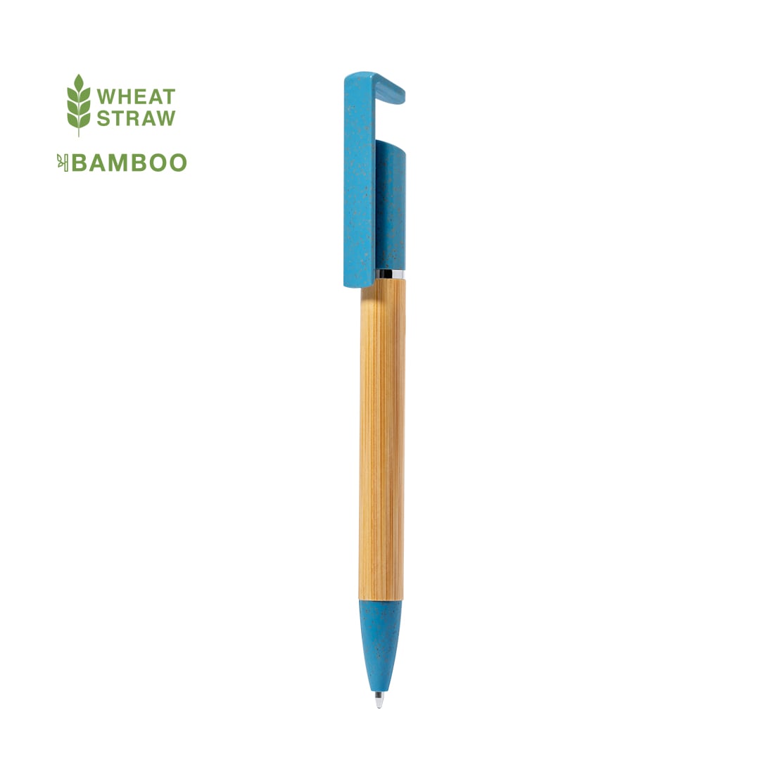 A wooden pen with a bamboo body and blue plastic clip, featuring a logo. Zonta Holder Pen - Image 1