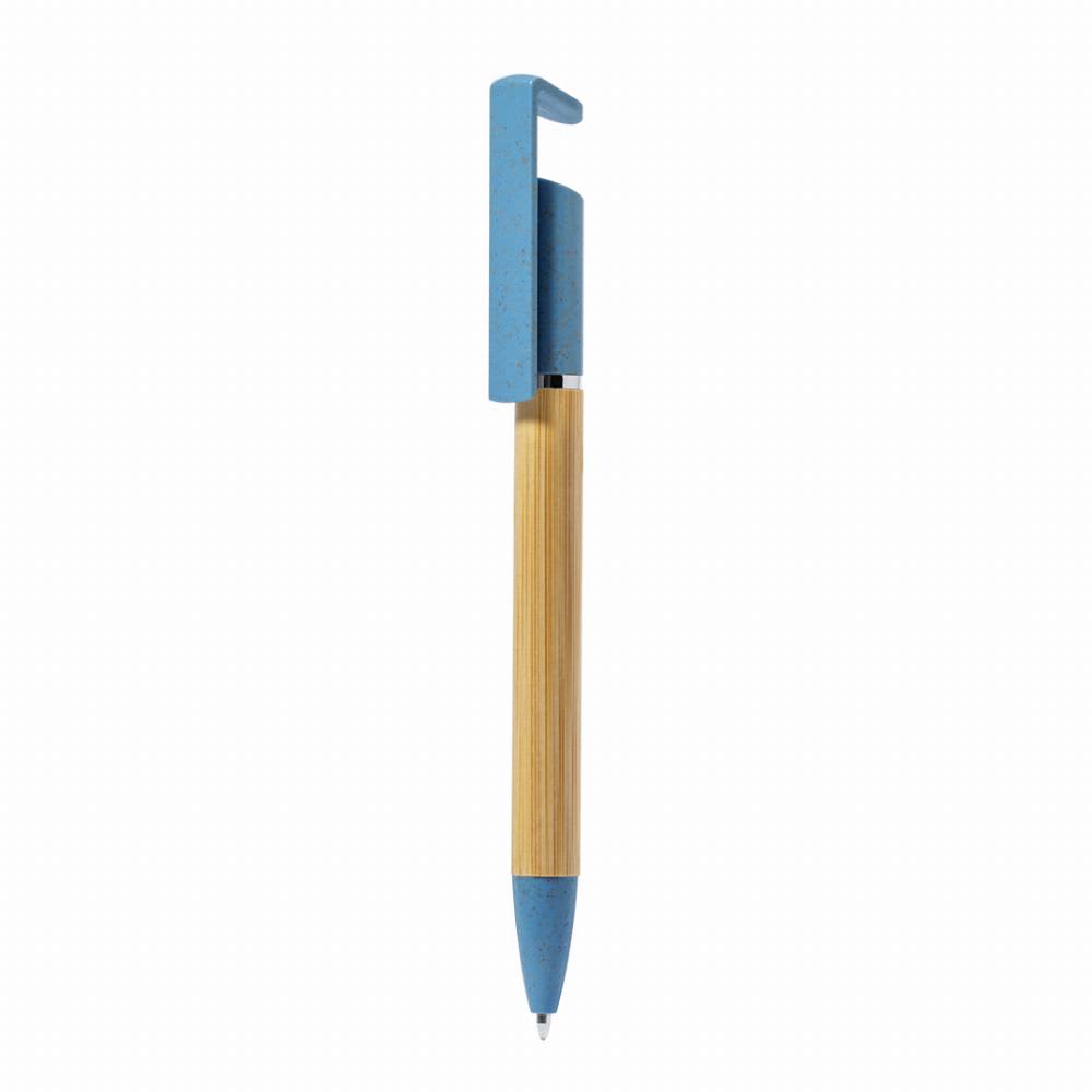 A pen with a bamboo barrel and a blue cap and tip, featuring a logo on the cap. Zonta - Image 1