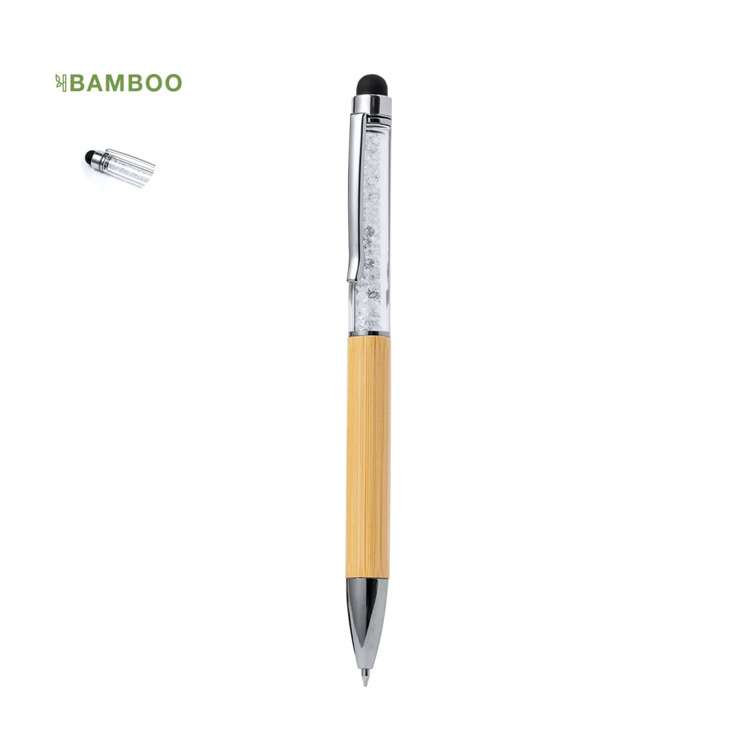 A bamboo stylus touch ball pen with a shiny chrome clip and tip, featuring a black stylus end. Loev Stylus Touch Ball Pen - Image 1