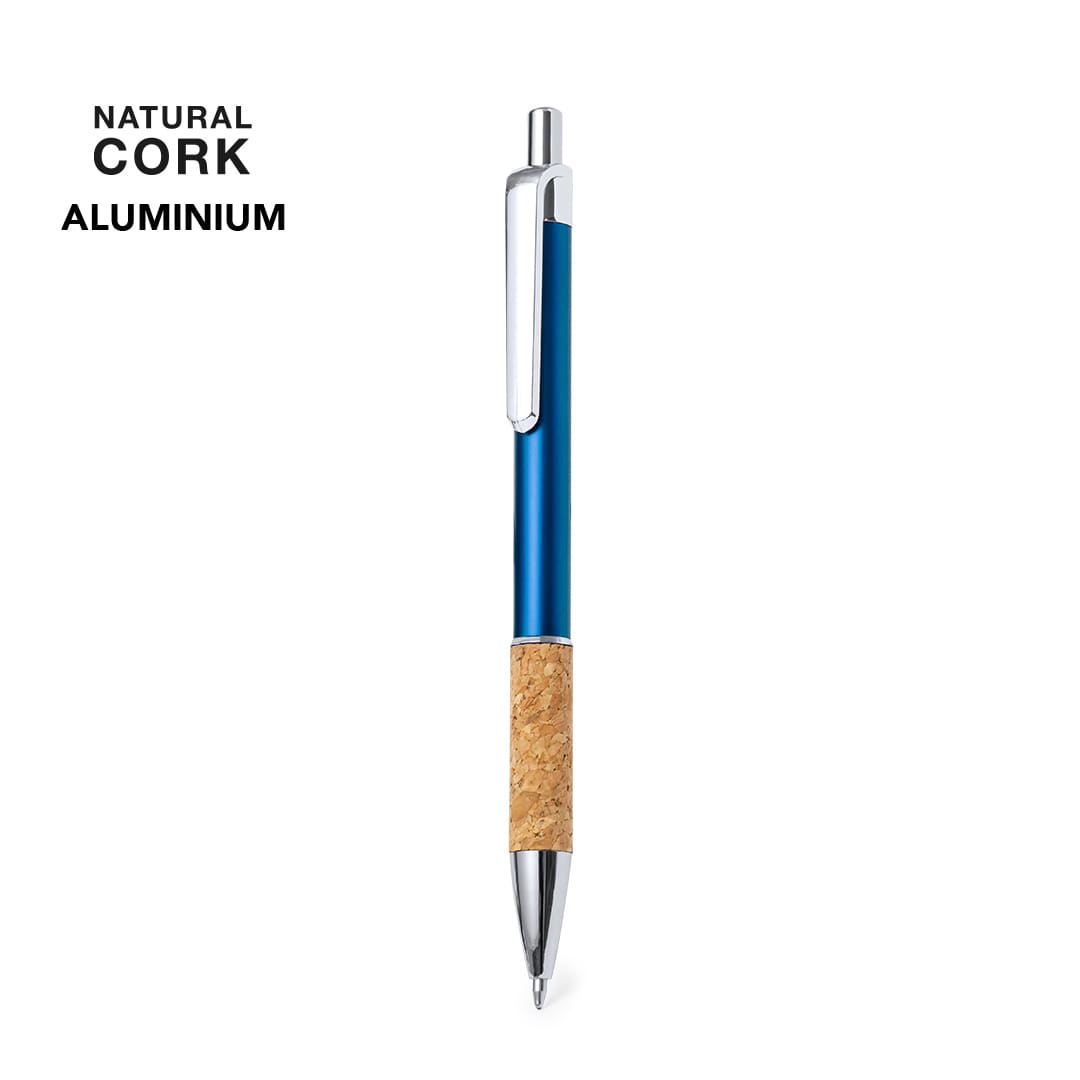 A blue metal pen with a natural cork grip and a shiny silver clip, Featuring a logo on the side. Zenet Pen - Image 1