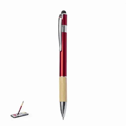 A red and silver pen with a bamboo grip, alongside a small notepad and pencil. The pen features a logo. Berget - Image 1