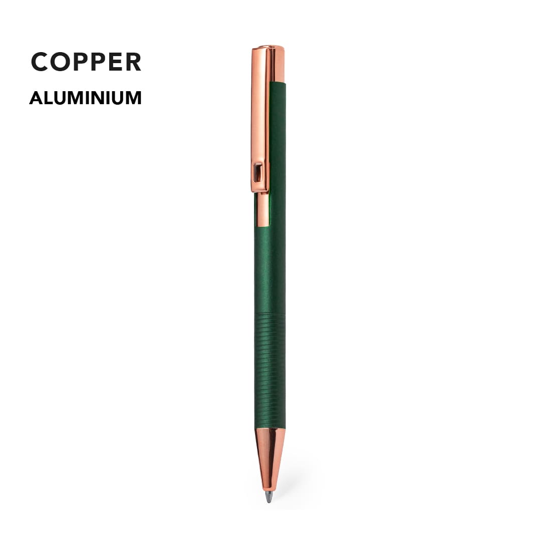A green metal pen with a copper clip and tip, featuring a textured grip and a logo. Raitox Pen - Image 1