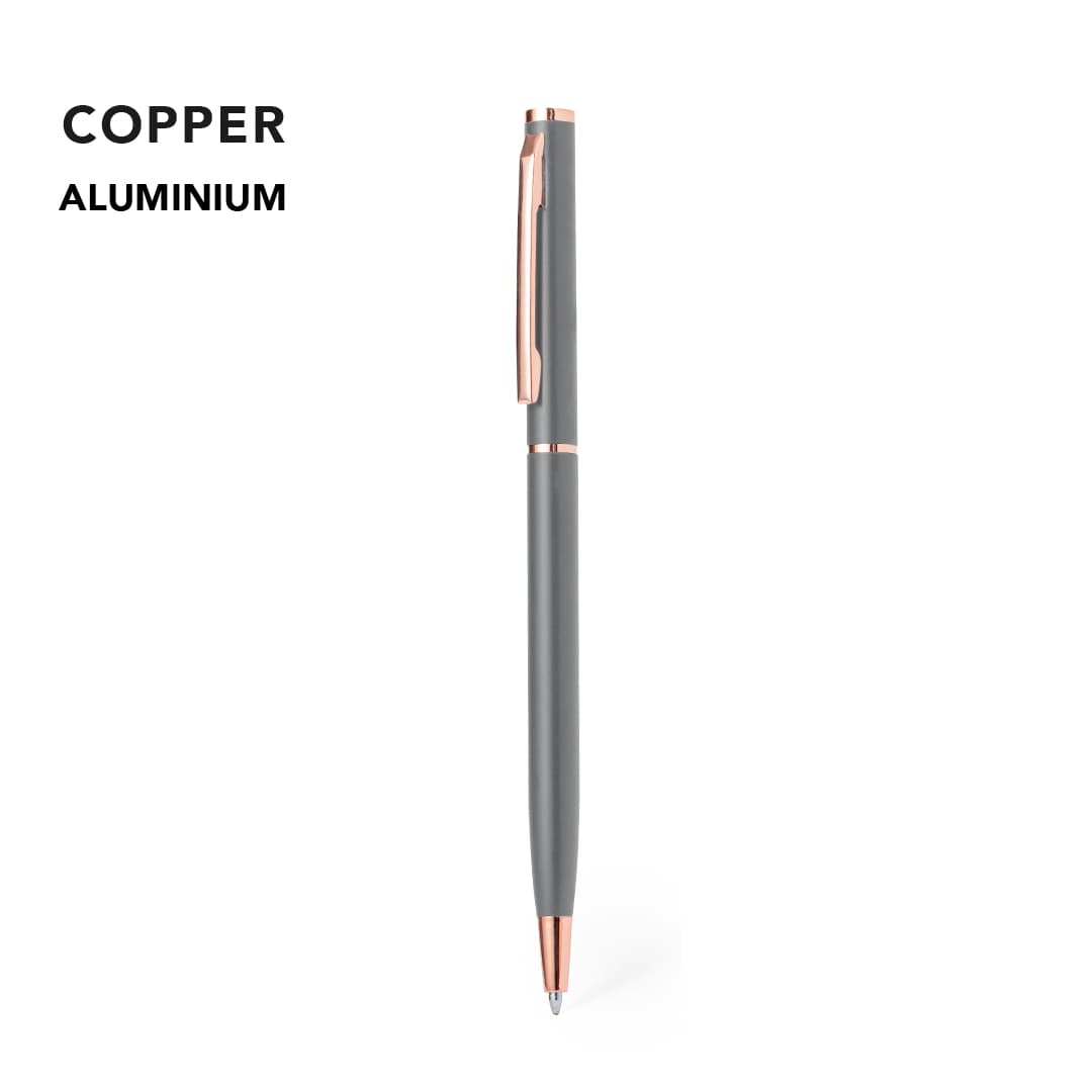 A metal pen in grey with a copper trim, featuring a sleek design and a branding logo. Noril Pen - Image 1