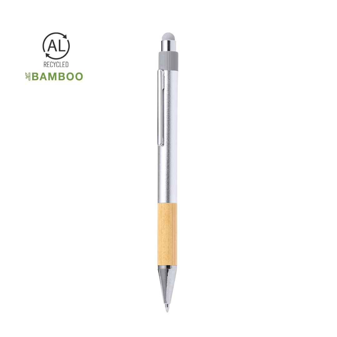 A silver and bamboo stylus touch ball pen with a sleek design and a branding logo. Deimox Stylus Touch Ball Pen - Image 1