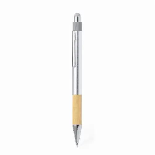 A silver and bamboo pen featuring a sleek design and a clip, with a stylus top for touchscreen devices. Deimox - Image 1