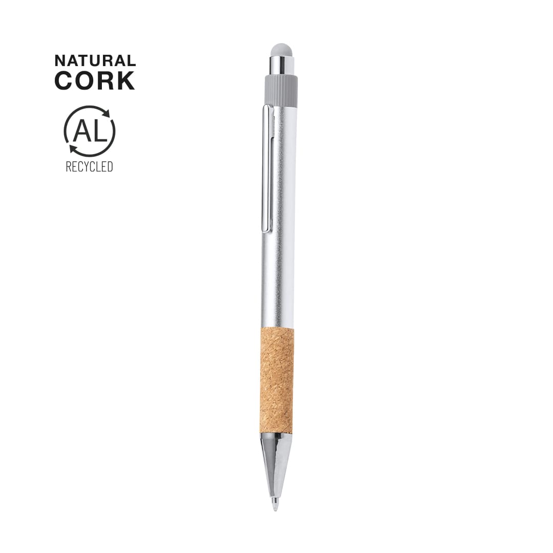 A stylus touch ball pen features a silver body with a natural cork grip and a rounded tip. It has a logo on the side. Fobox Stylus Touch Ball Pen - Image 1