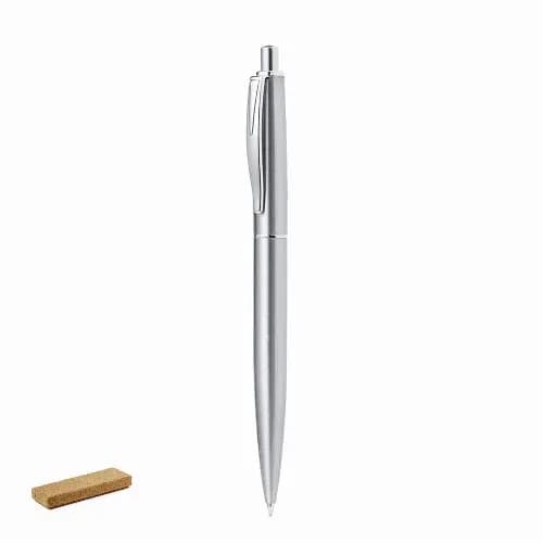 A silver pen positioned next to a small rectangular piece of cork, featuring a simple design with a clip. Lukonen - Image 1