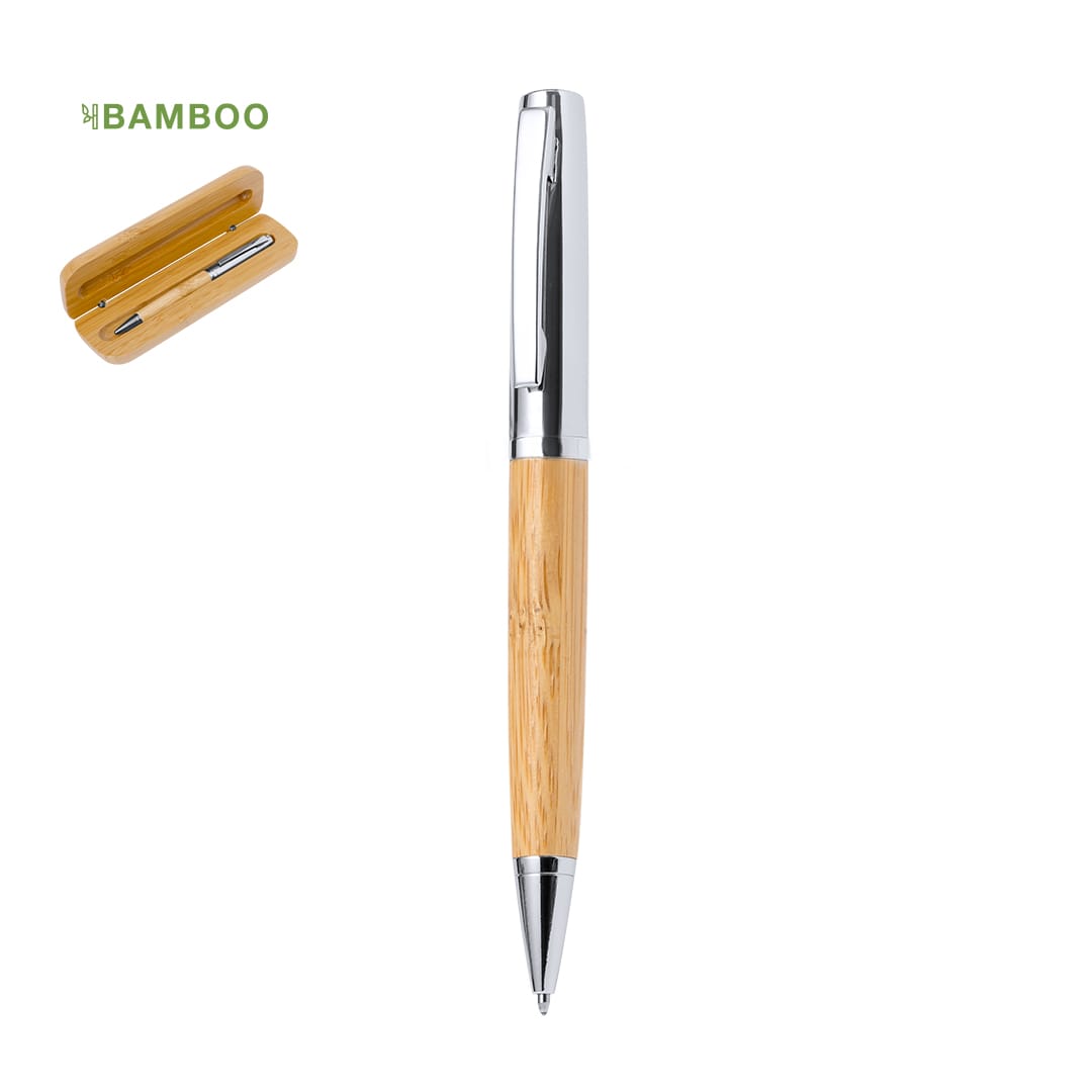 A bamboo pen with a silver metal clip and tip, displayed alongside its bamboo case. Gutier Pen - Image 1