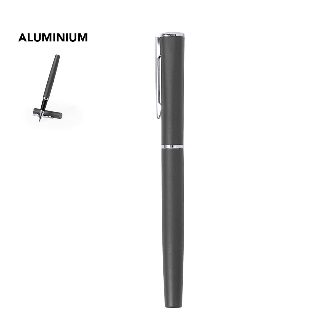 A sleek black metal pen with a clip and a straight design, featuring an aluminium body and a small pen illustration. Suton Roller - Image 1