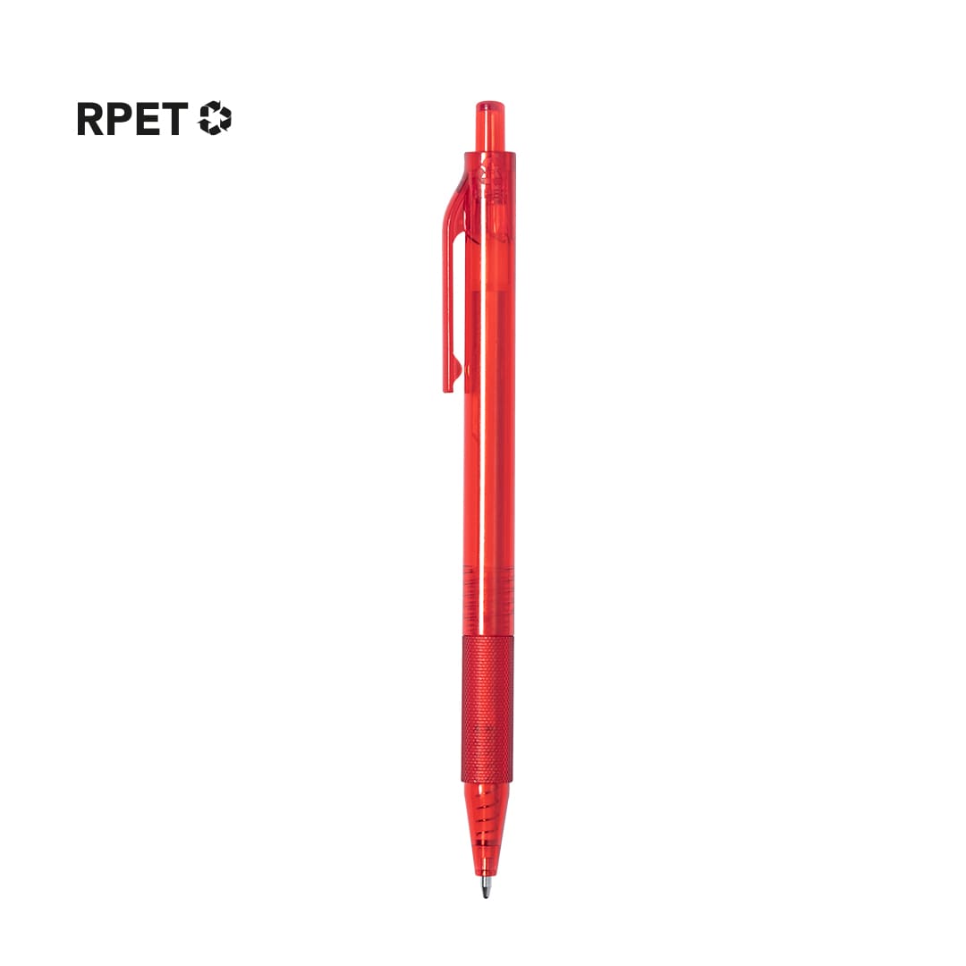 A red plastic pen with a transparent design and a clip, featuring a logo at the top. Groslin Pen - Image 1
