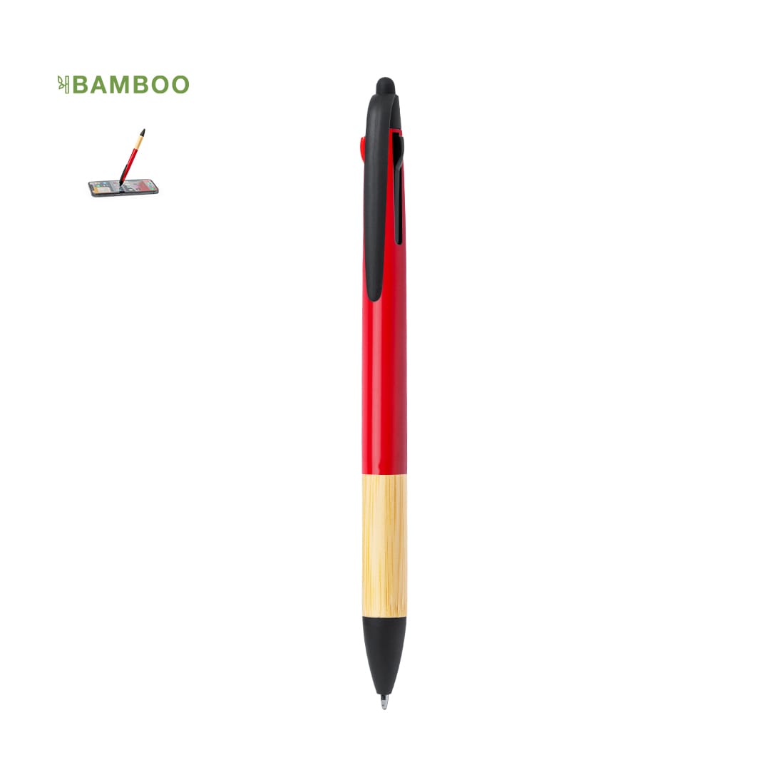 A red stylus touch ball pen with a bamboo accent and a black tip, featuring a logo on the side. Milok Stylus Touch Ball Pen - Image 1