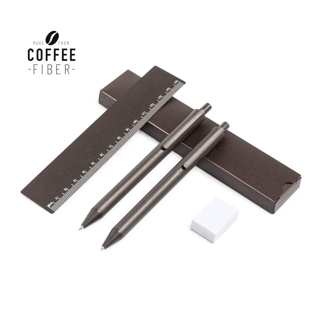 A pen and pencil set in dark brown, accompanied by a ruler and an eraser, all presented in a sleek box with a logo. Proston Set - Image 1