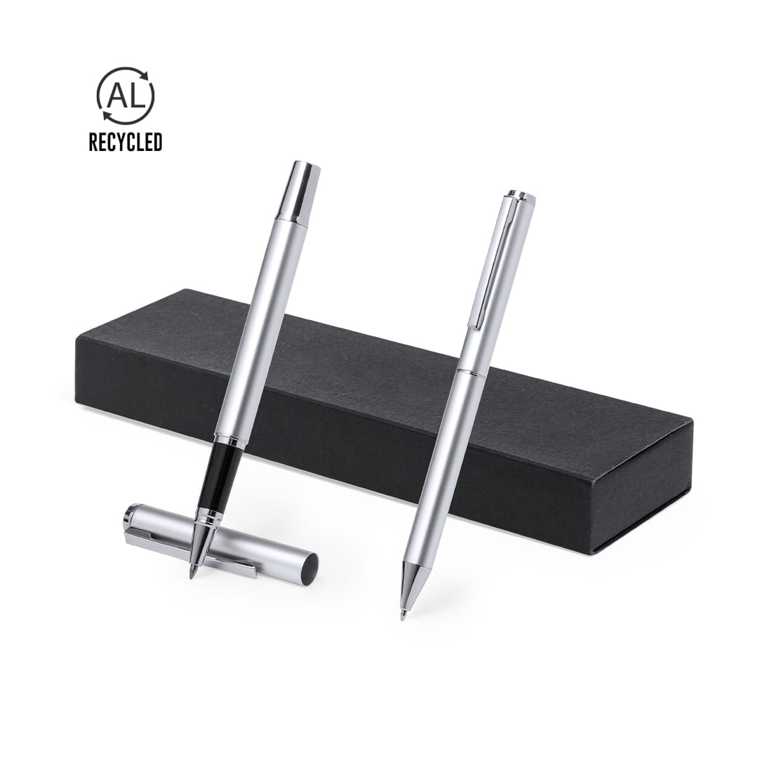 A pen set made of recycled aluminium featuring silver-coloured pens in a sleek black box. Darma Set - Image 1