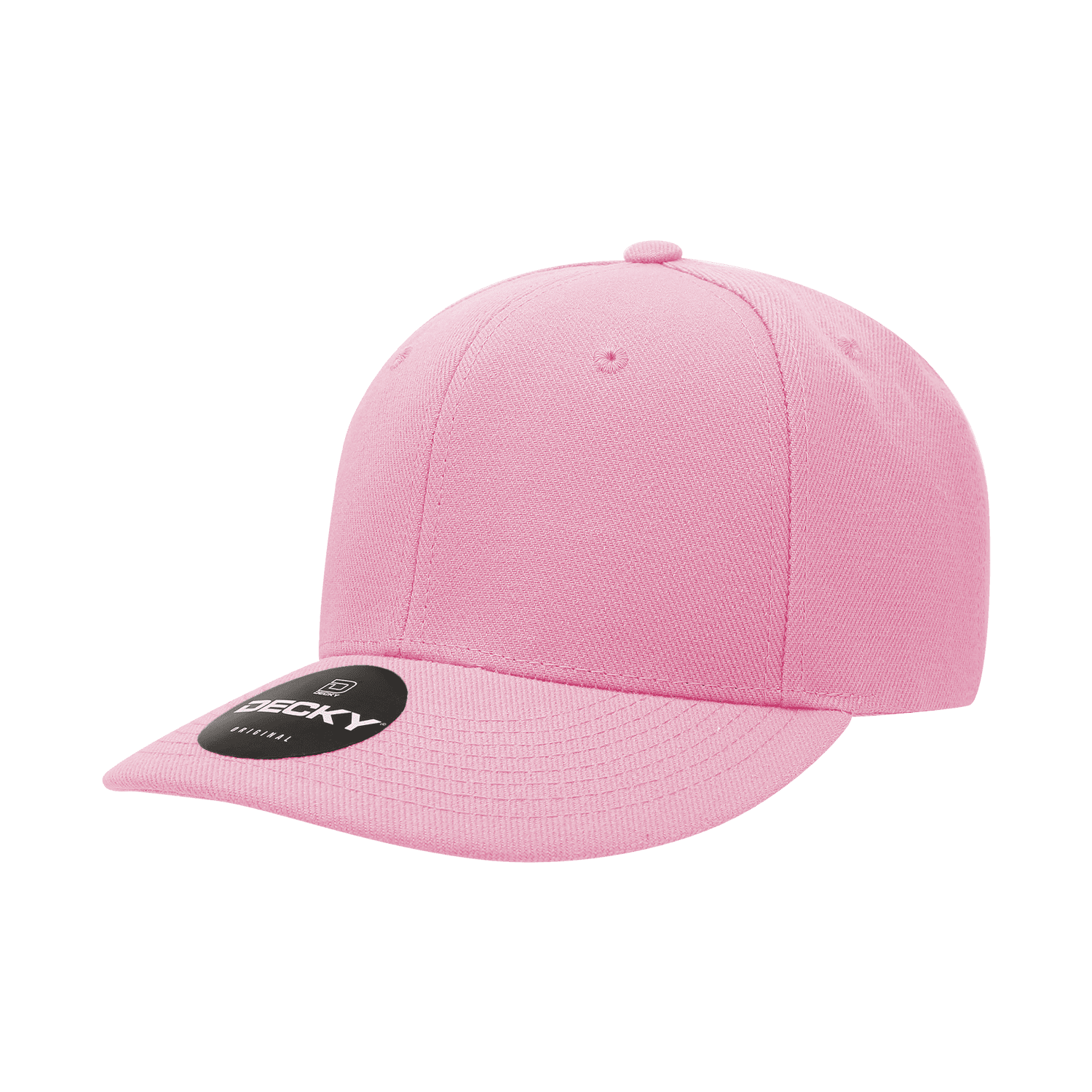 A pink 6-panel mid profile structured cap with a round crown and a flat brim. It features a logo on the front. 6 Panel Mid Profile Structured Cap - Image 1