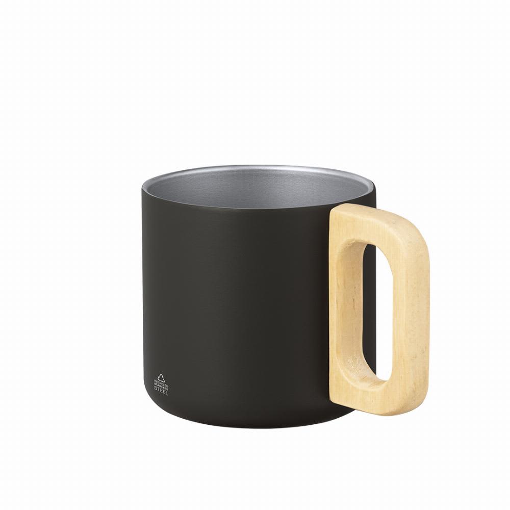A drink bottle in matte black stainless steel with a wooden handle. It has a cylindrical shape and a shiny interior. Garfun - Image 1