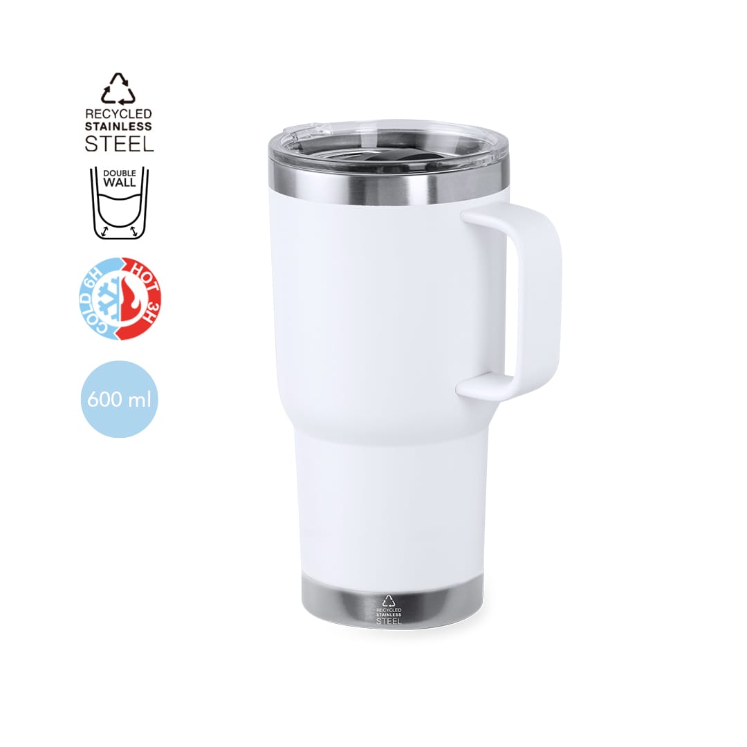 A white insulated mug made of recycled stainless steel with a double wall and handle, featuring a lid. 600 ml capacity. Paster Insulated Mug - Image 1