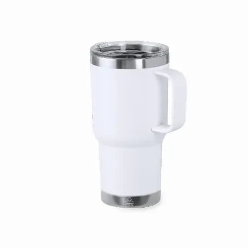 A drink bottle with a white exterior, silver accents, and a handle, featuring a transparent lid. Paster - Image 1