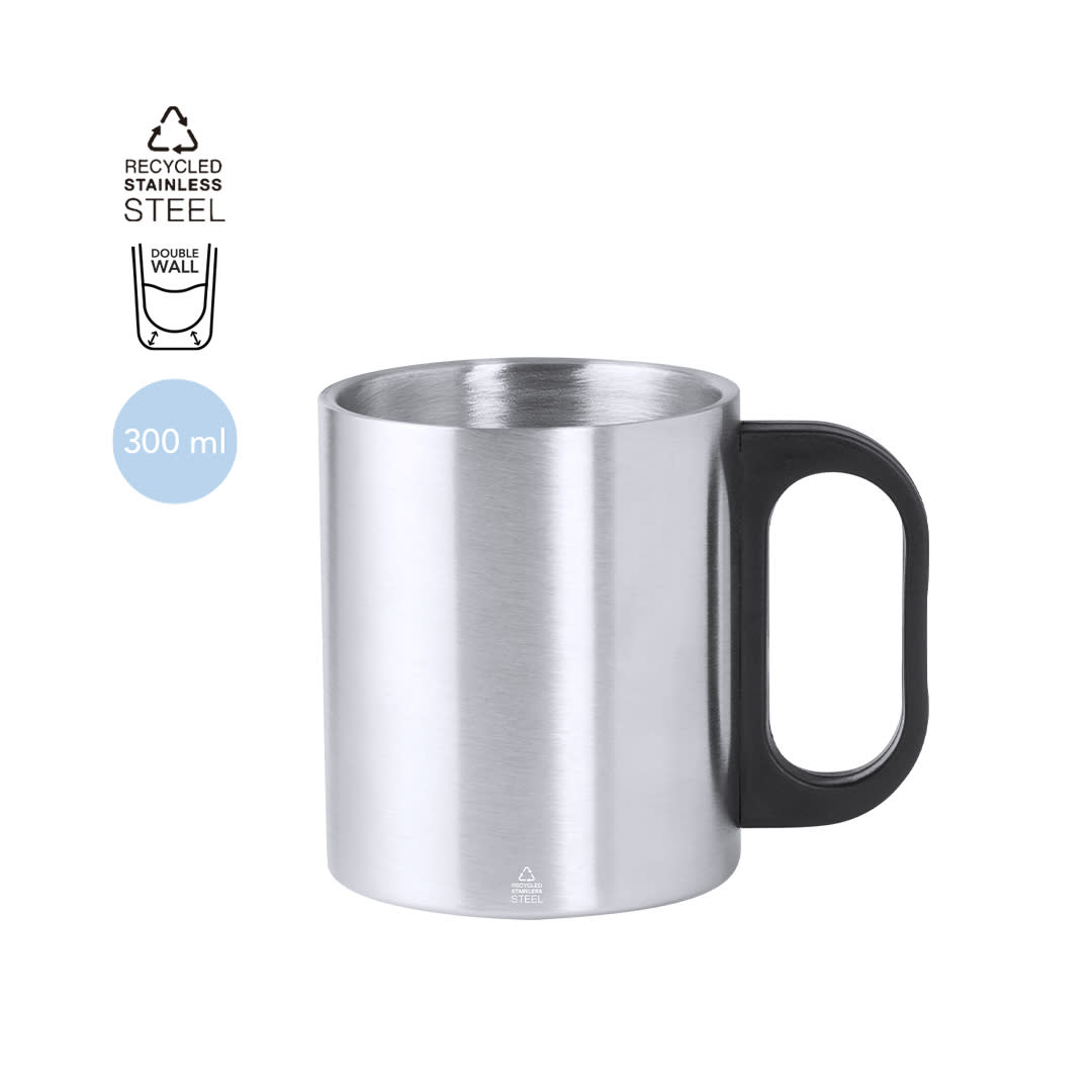 A stainless steel coffee mug with a black handle, designed with a double wall for insulation and a capacity of 300 ml. Korpla Mug - Image 1