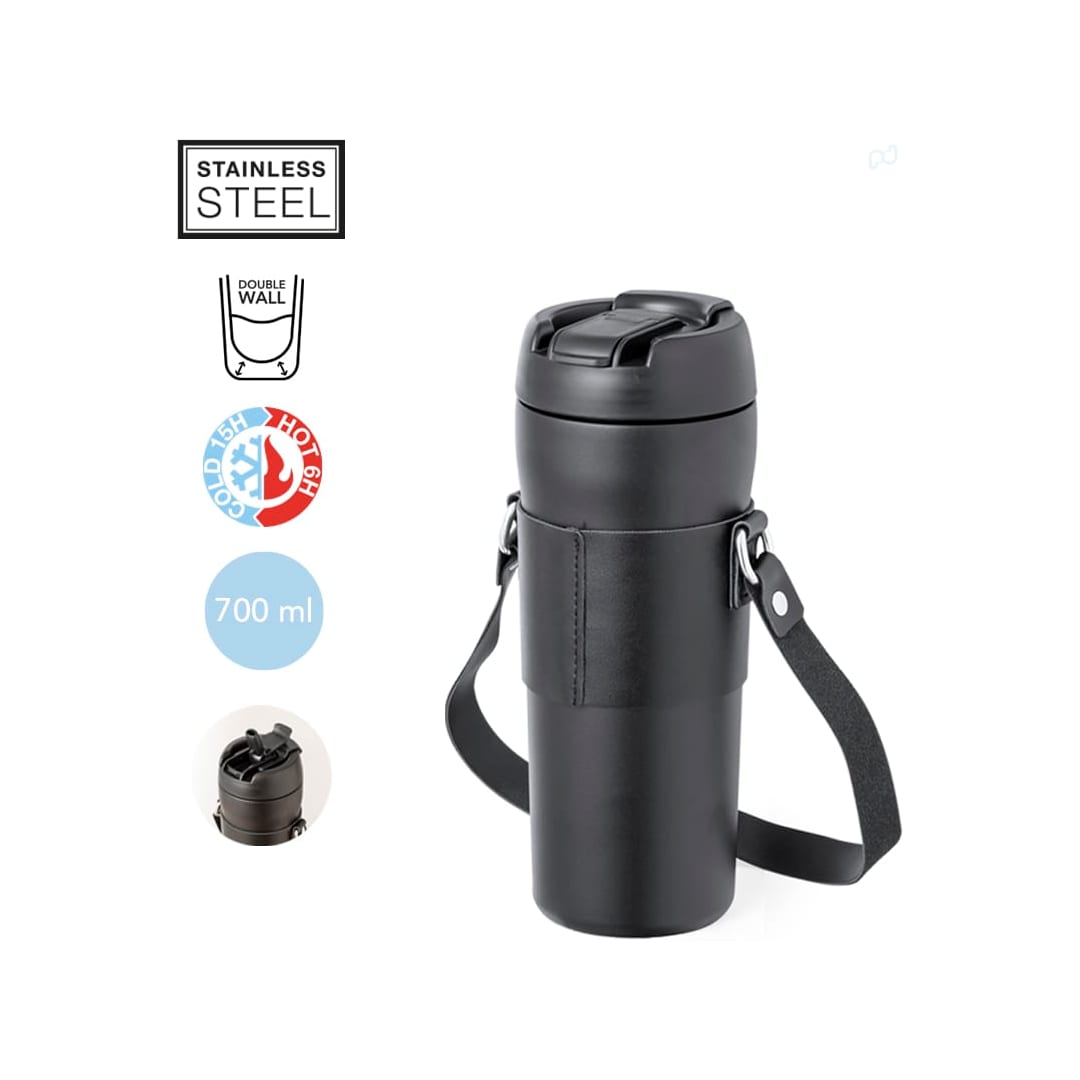 A drink bottle in matte black, featuring double wall insulation, a secure lid, and a carrying strap. Matner Insulated Bottle - Image 1
