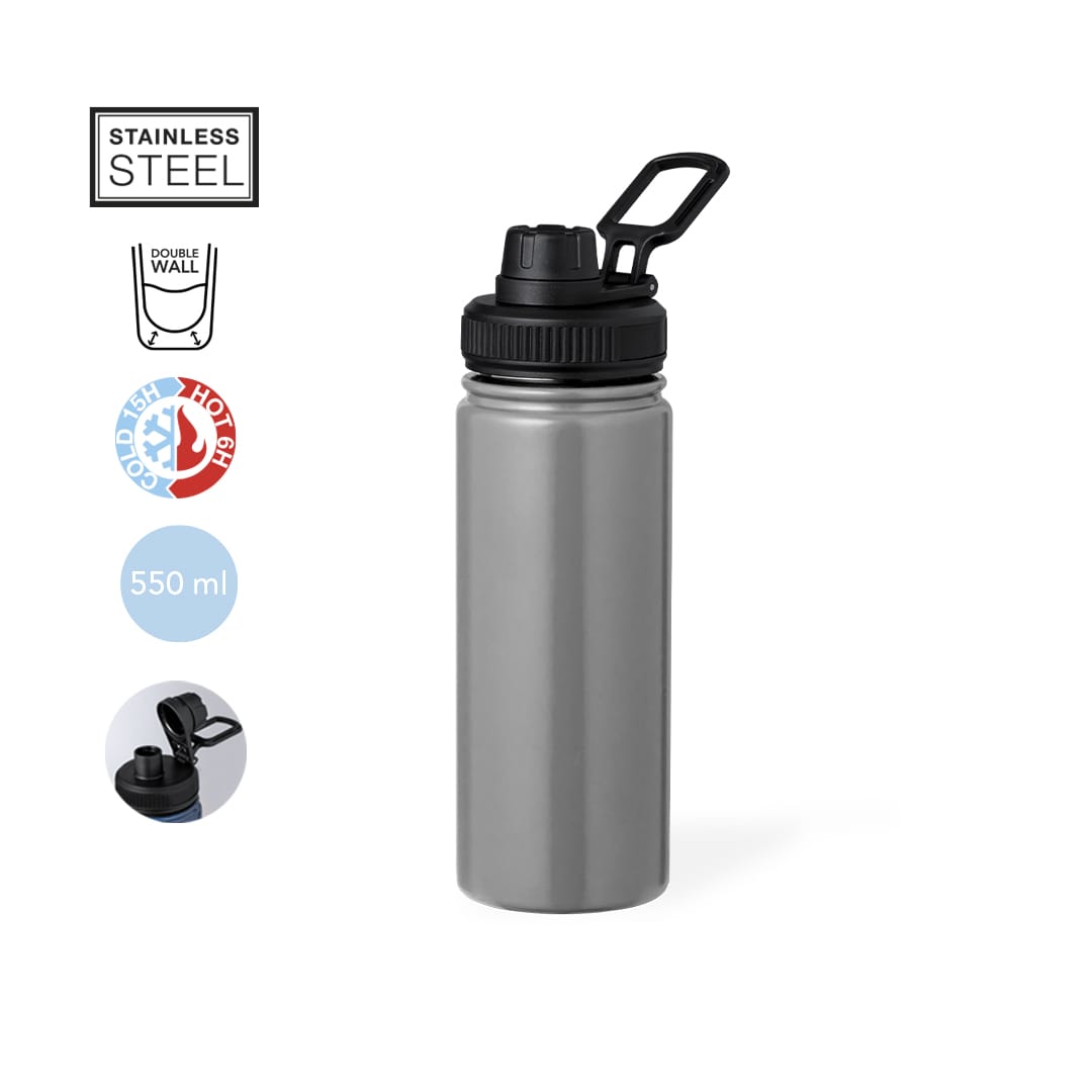 A drink bottle made of stainless steel with a double wall, featuring a black lid and a sturdy handle. Holds 550 ml. Corvac Insulated Bottle - Image 1