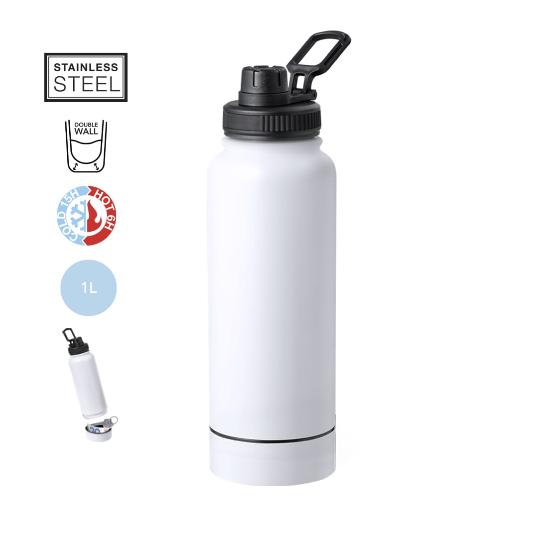 A drink bottle made of stainless steel, featuring a double wall design, in a sleek white colour, with a black lid and handle. Wankex Insulated Bottle - Image 1