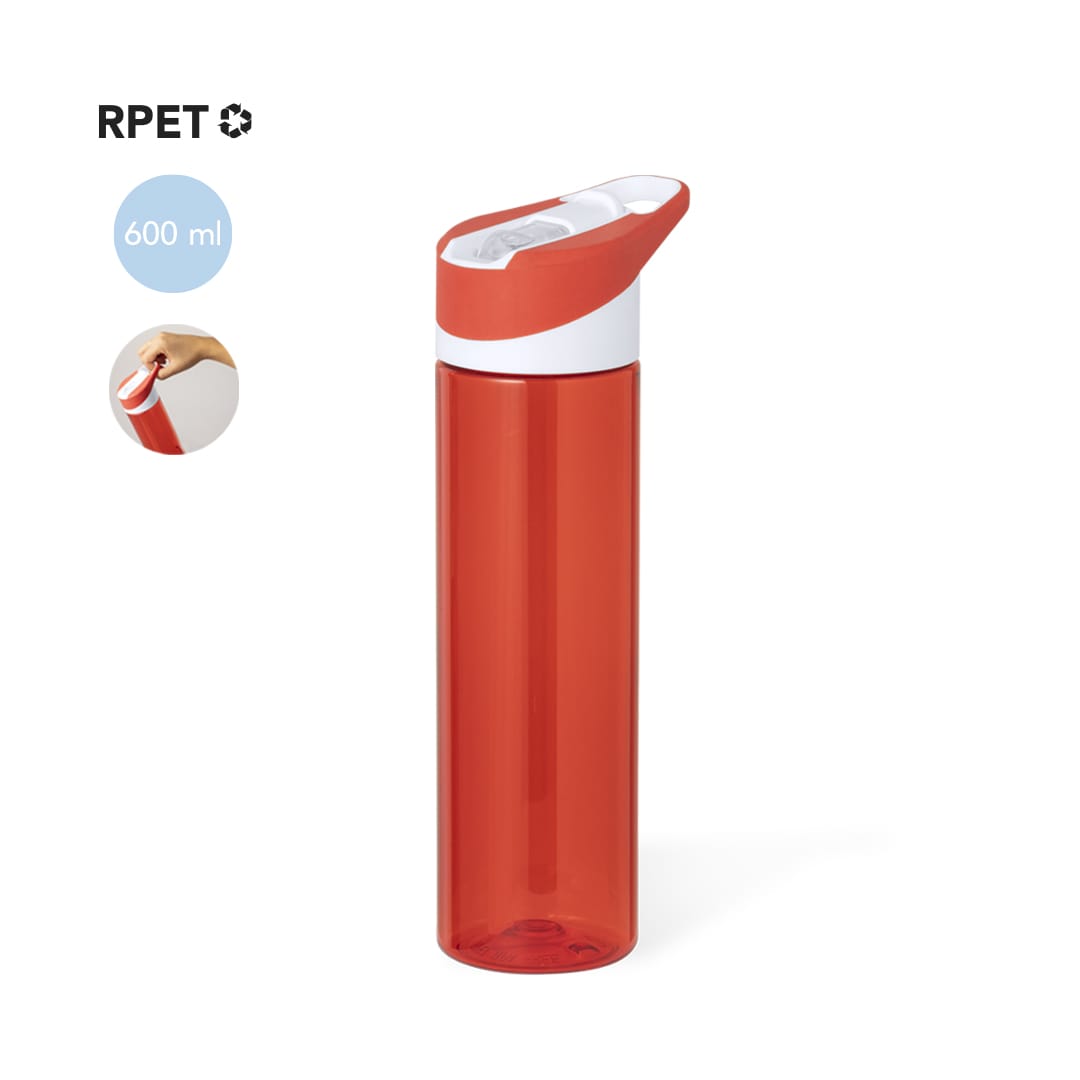 A drink bottle in vibrant red with a white cap, featuring a logo and a capacity of 600 ml. Laudon Bottle - Image 1