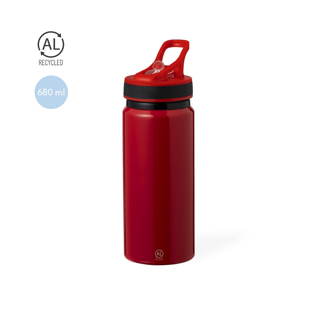 A drink bottle in red and black, featuring a lid with a handle, with a capacity of 680 ml. It has a logo. Nolde Bottle - Image 1