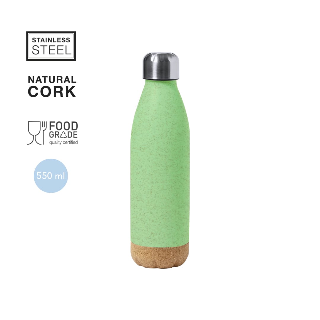 A drink bottle made of stainless steel with a green exterior and natural cork base, featuring a silver screw-top lid. Stroud Bottle - Image 1